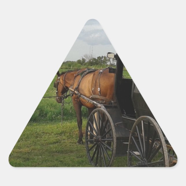 Sticker Triangulaire Cheval Amish et Buggy au coucher du soleil (Devant)