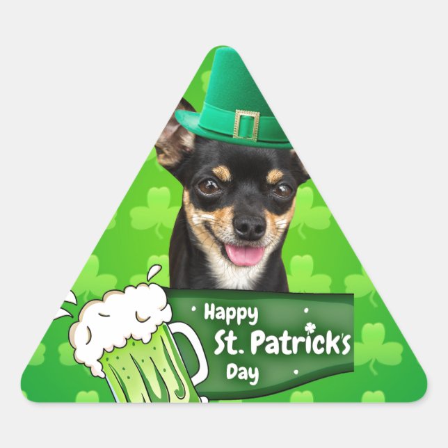 Sticker Triangulaire Chihuahua Chien Chiot Chiot St. Patrick's Day Clov (Devant)