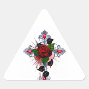 Sticker Triangulaire Croix d'argent avec une rose rouge