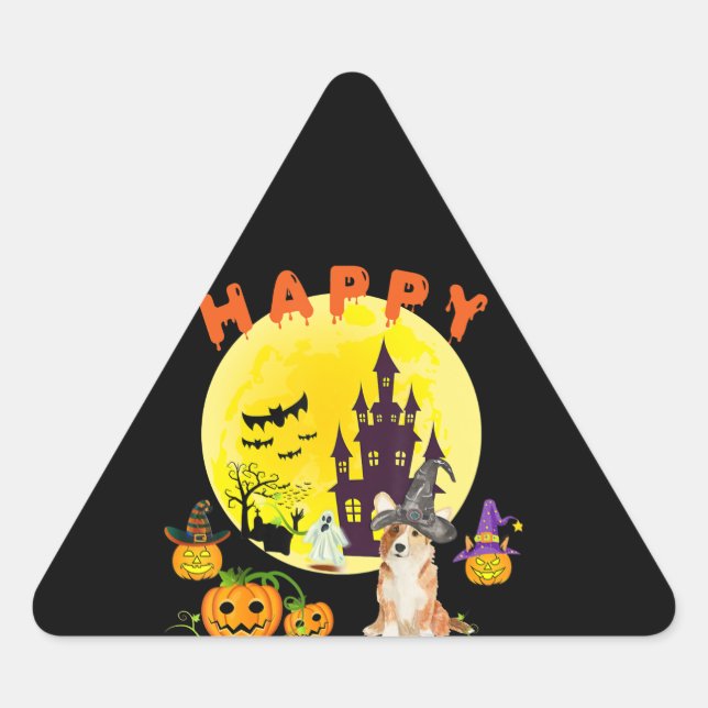 Sticker Triangulaire Don de chien | Happy Corgiween Corgi Halloween (Devant)