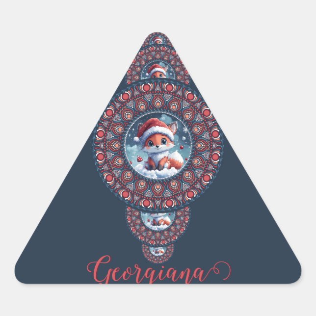 Sticker Triangulaire Festif personnalisé Kawaii Fox Ornamental Mandala (Devant)