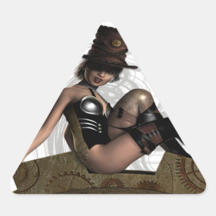 STICKER TRIANGULAIRE LA FEMME DE STEAMPUNK S'ASSIED SUR LA VITESSE