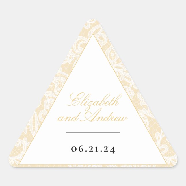 Sticker Triangulaire Mariage de script élégant en dentelle noire et or (Devant)