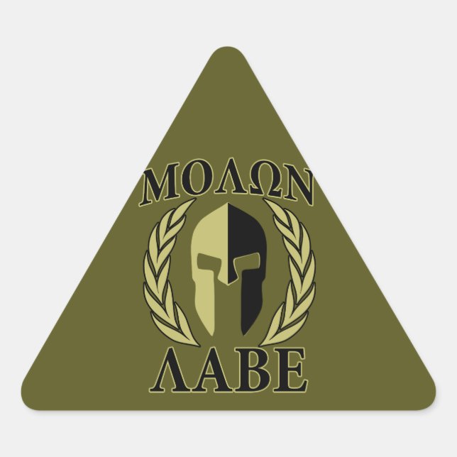 Sticker Triangulaire Molon Labe Laurels en Masque Spartiate Vert olive (Devant)