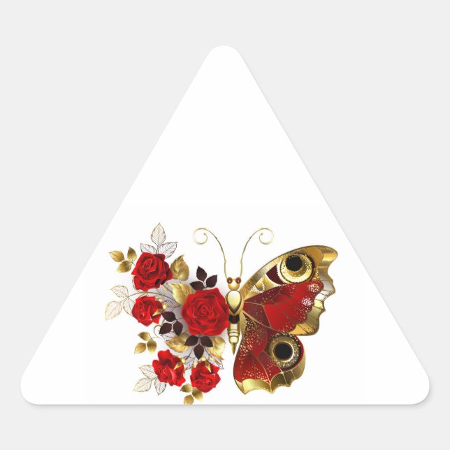 Sticker Triangulaire Papillon de fleurs rouges aux roses rouges (Devant)