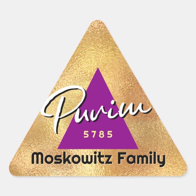 Sticker Triangulaire Personnalisé Happy Purim - Gold Hamentash (Devant)