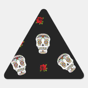 Sticker Triangulaire RAB Rockabilly Sugar Skulls Roses sur fond noir