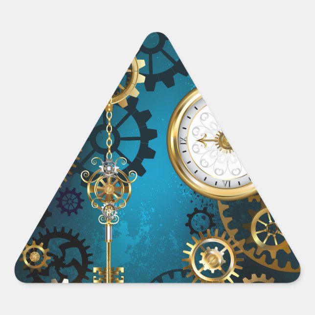Sticker Triangulaire Steampunk Arrière - plan turquoise avec Gears (Devant)