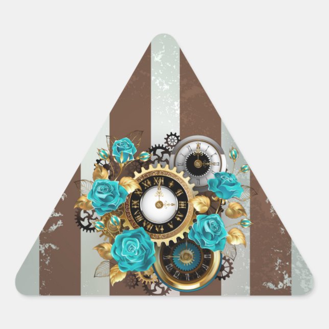 Sticker Triangulaire Steampunk Clock and Turquoise Roses on Striped (Devant)