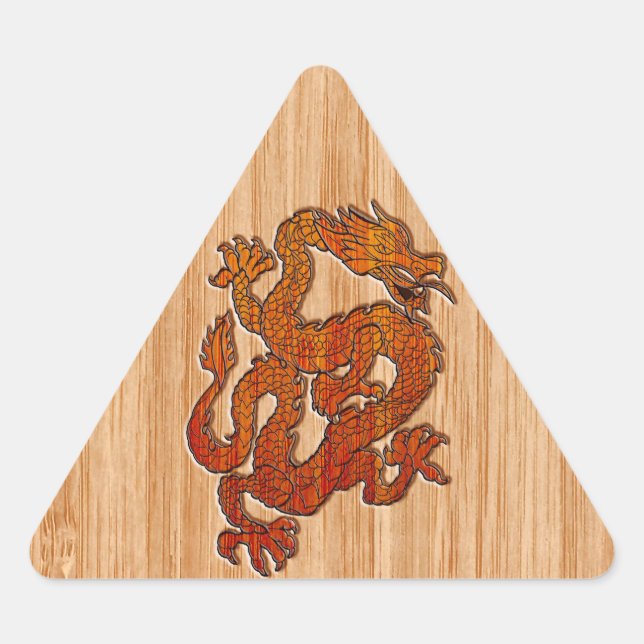 Sticker Triangulaire Un dragon rouge sur Bambou comme (Devant)