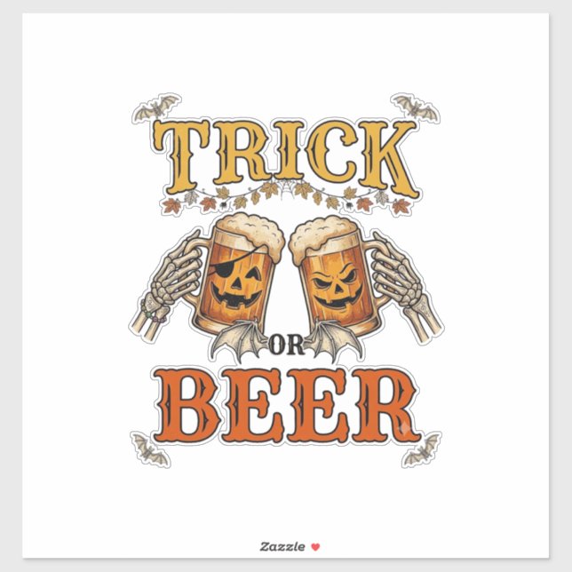 Sticker Trick Or Beer Mug Halloween Citrouille Squelette M (Feuille)