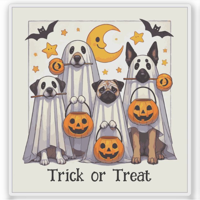 Sticker Trick or Treat Cute Dogs in Ghost Costumes (Devant)