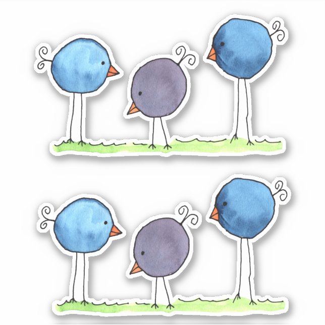 Sticker Trois oiseaux aquarelles fantaisistes (Devant)