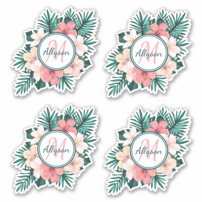 Sticker Tropical Fern Hibiscus Cadre Monogramme Contour (Devant)