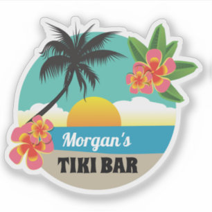 Sticker Tropical Tiki Bar avec nom, coucher de soleil, pal
