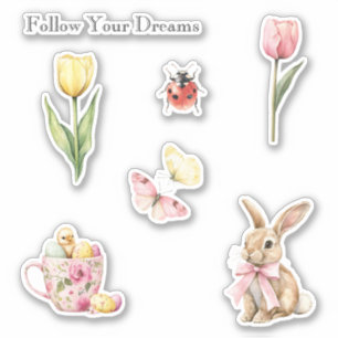 Sticker Tulipes Jaunes Roses Papillons Lapin Poussin Ladyb