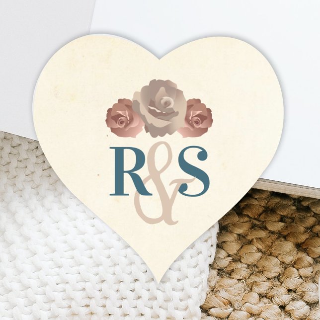 Sticker turquoise, Beige, Rose Dusty (Blush, Beige Roses Simple Monogram Wedding Heart Sticker, Couple's Initials, Party Favor Sticker)