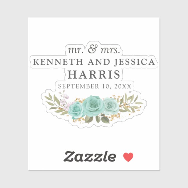 Sticker Turquoise Floral Bleu Roses Noms et Mariage Date (Feuille)