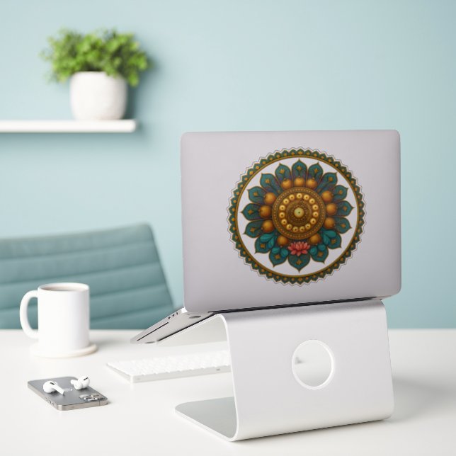 Sticker Turquoise Gold Lotus Mandala - Fantasy Graphic Art (Ordinateur portable sur le bureau)