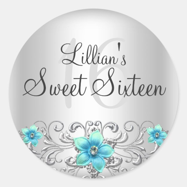 Sticker turquoise Silver Floral Sweet 16 (Devant)