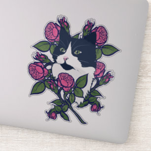 Sticker Tuxedo Cat Peony Floral Art Tuxie Cats