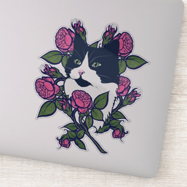 Sticker Tuxedo Cat Peony Floral Art Tuxie Cats (Détail)