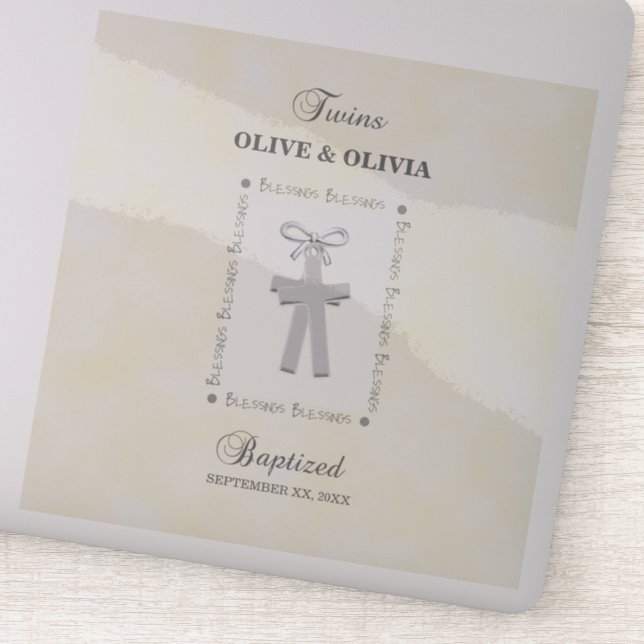 Sticker Twins Baptême sur Yellow 2 Croix Personnalisé (Détail)