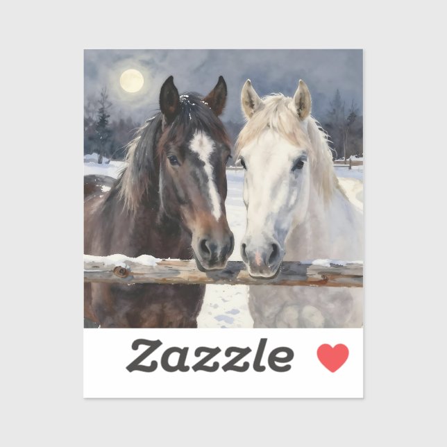 Sticker Two Horses on a Snowy Farm under the Moonlight  (Feuille)
