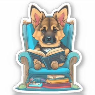 Sticker Un chiot berger allemand lisant un livre