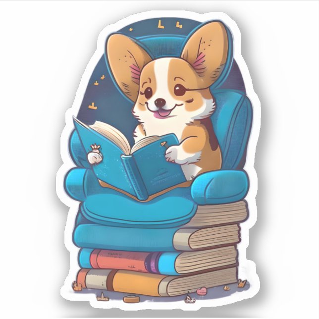 Sticker Un chiot Corgi lisant un livre (Devant)