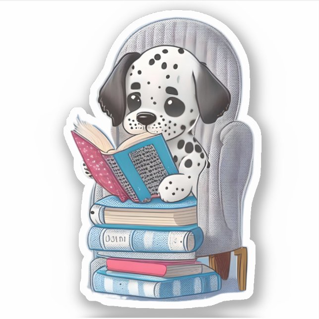 Sticker Un chiot de Dalmation lisant un livre (Devant)