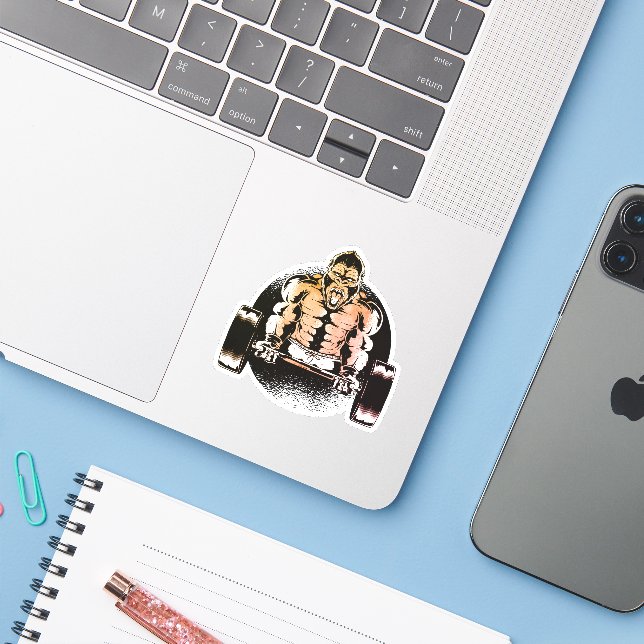 Sticker Un gorille fort pompe les muscles (Ordinateur portable avec iPhone)