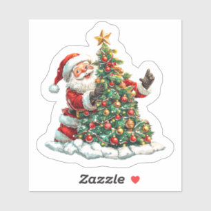 Sticker Un joyeux Père Noël décorant joyeusement un sapin