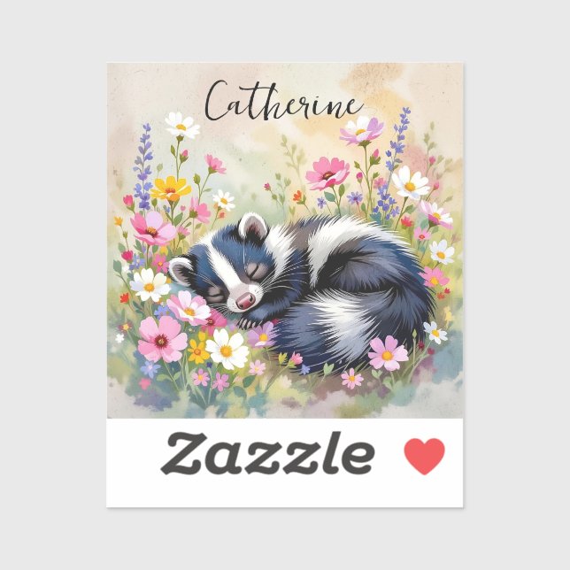 Sticker Un Skunk Adorable Faisant la Sieste dans des Fleur (Feuille)