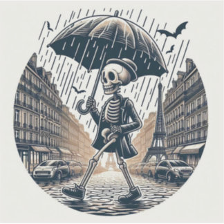 Sticker Un squelette de gentleman dans Paris pluvieux