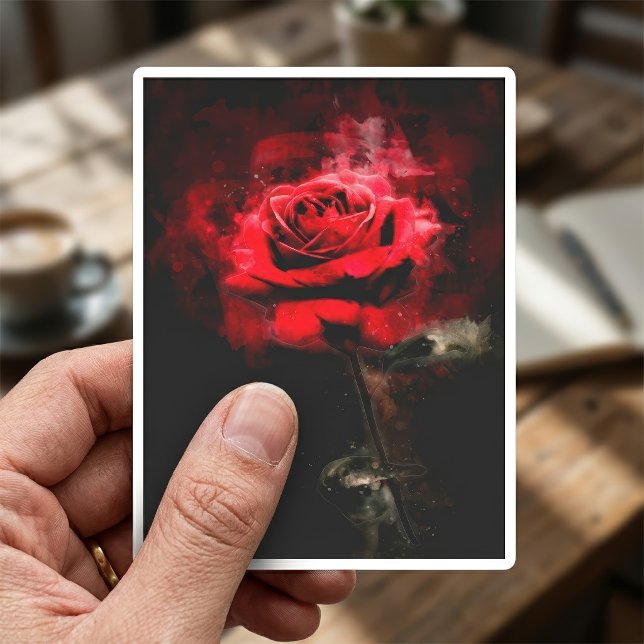 Sticker Une rose rouge aquarelle sur fond noir (One Red Rose Watercolor on Black Background. Sticker)