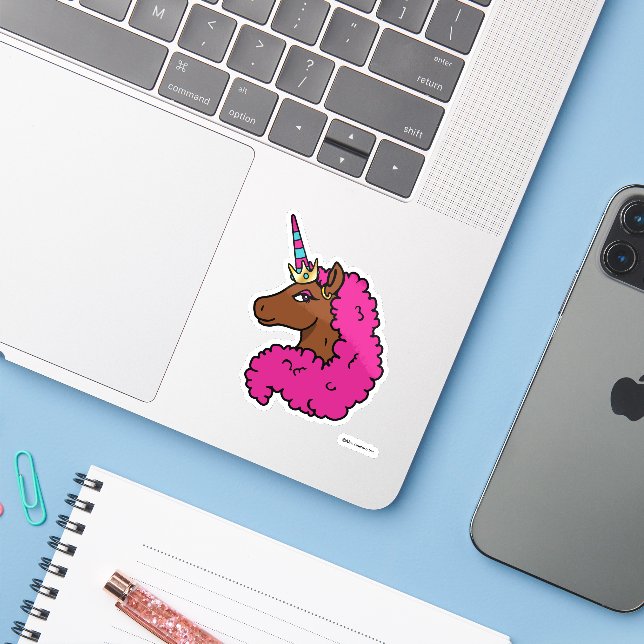 Sticker Unicorne Afro Rose Chaud (Ordinateur portable avec iPhone)