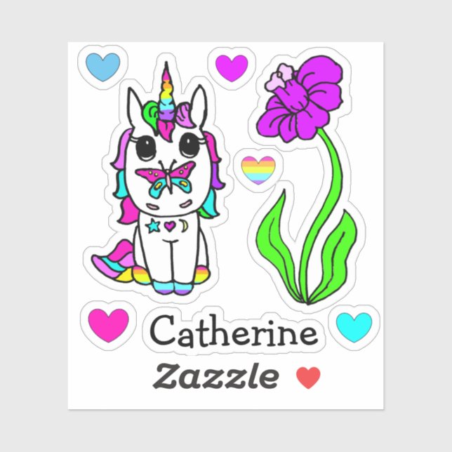 Sticker Unicorne arc-en-ciel, Fleurs et nom (Feuille)