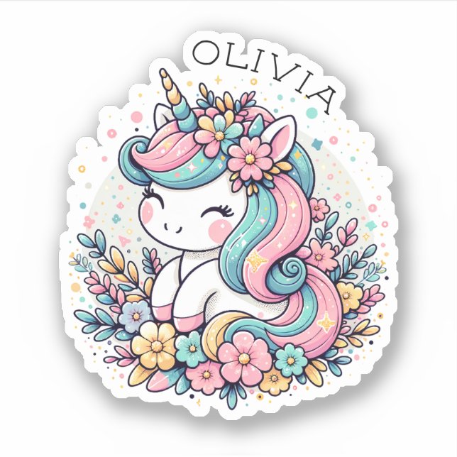 Sticker Unicorne et fleurs rose et bleu Personnalisé (Devant)