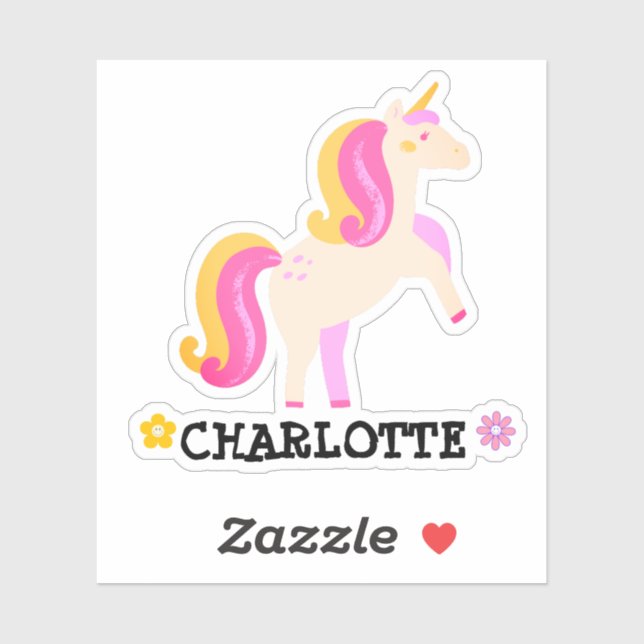 Sticker Unicorne personnalisée et fleurs rose et jaune (Feuille)