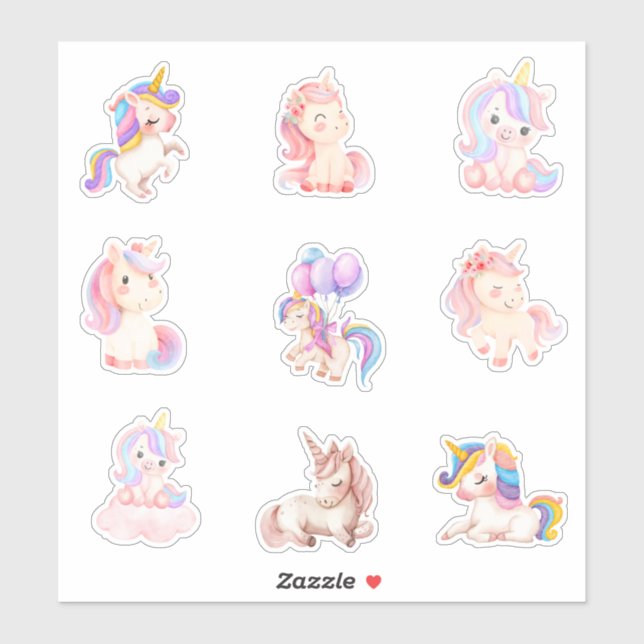 Sticker Unicornes aquarelle (Feuille)