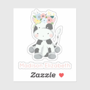 Sticker Vache Bébé Avec Pépinière Florale Couronne Nom Per