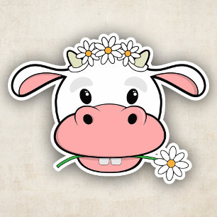 Sticker Vache caricaturale mignonne mâcher une marguerite