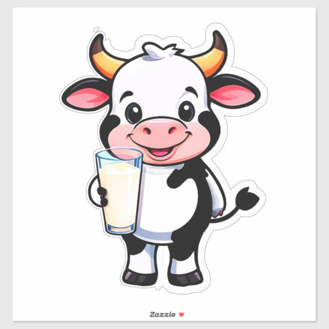 Sticker Vache de dessin animé heureuse avec une tasse de m (Feuille)