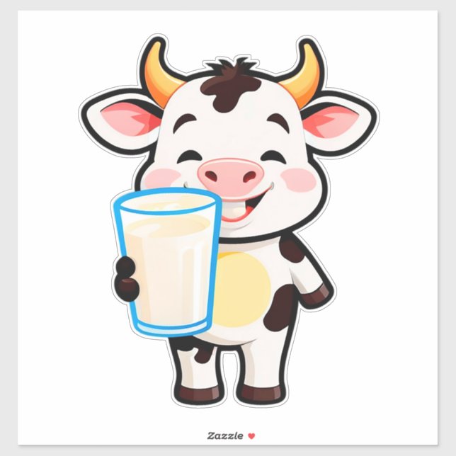 Sticker Vache de dessin animé heureuse avec une tasse de m (Feuille)