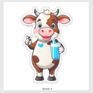 Sticker Vache de dessin animé heureuse avec une tasse de m