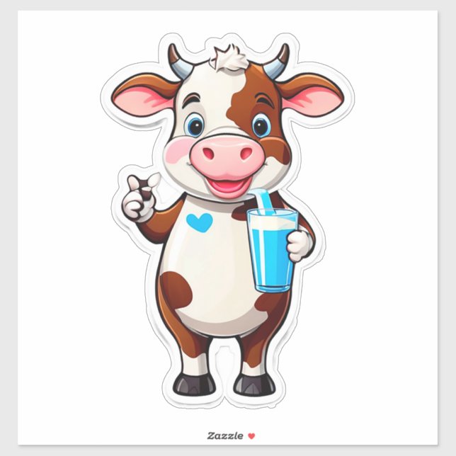 Sticker Vache de dessin animé heureuse avec une tasse de m (Feuille)