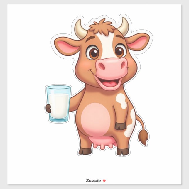 Sticker Vache de dessin animé heureuse avec une tasse de m (Feuille)