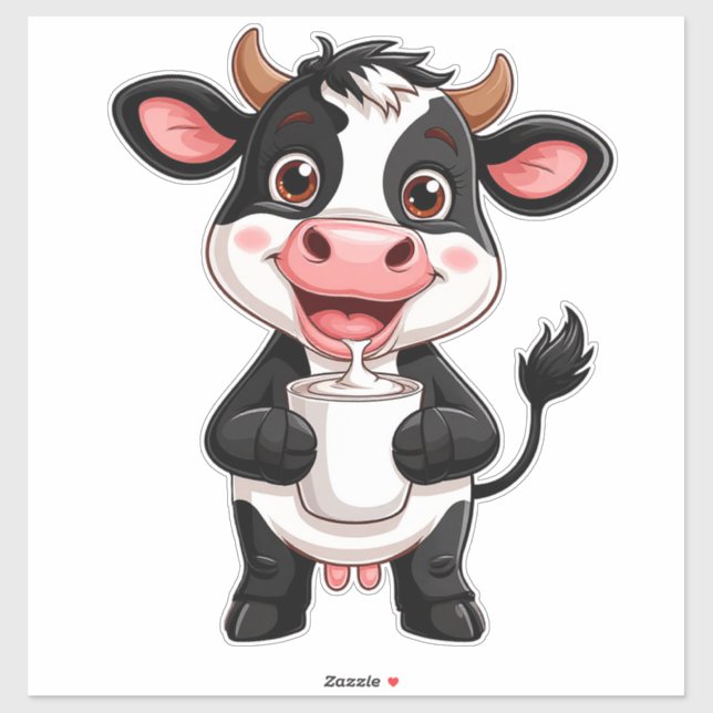 Sticker Vache de dessin animé joyeuse buvant du lait (Feuille)