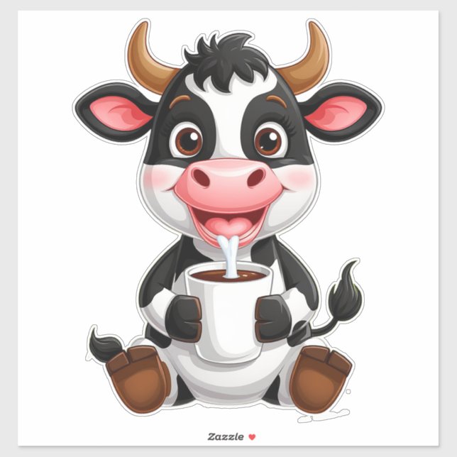 Sticker Vache de dessin animé joyeuse buvant du lait (Feuille)